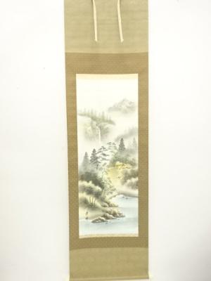 秀峰筆　彩色山水　肉筆絹本掛軸
